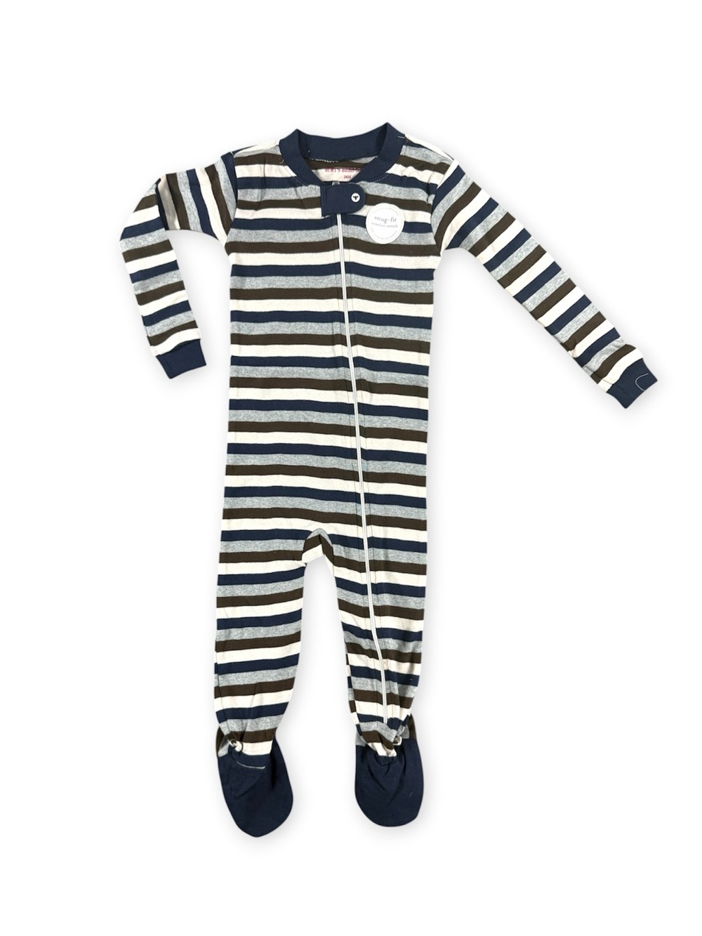 NWT Burt’s Bees Striped Navy, Brown & Cream Kids One-Piece Footed Pajamas 24m